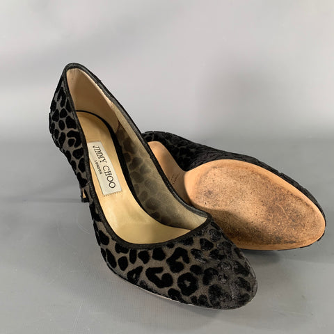 JIMMY CHOO Size 9 Black Devore Leopard Round Toe Pumps