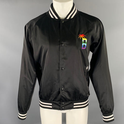 BARNEYS NEW YORK Size L Black Embroidery Polyester Bomber Jacket