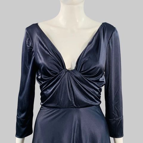 RACHEL COMEY Size 6 Navy Satin V-Neck Midi Evening Gown