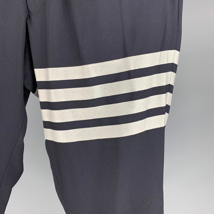THOM BROWNE Taille M Pantalon décontracté en laine à rayures blanches marine avec ceinture élastique