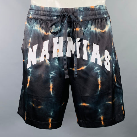 NAHMIAS Taille L Short de survêtement en mélange de soie avec logo tie-dye noir et blanc