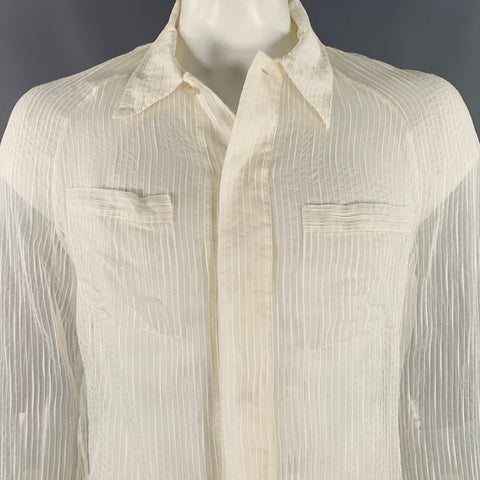 LA PERLA Size L Cream Stripe Cotton Silk Hidden Buttons Long Sleeve Shirt