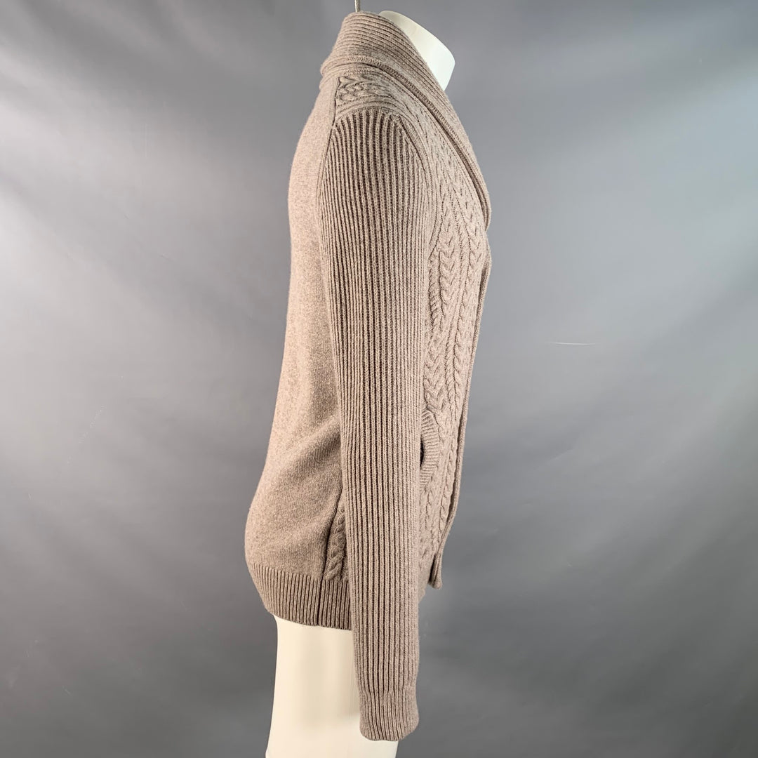 REISS Size S Tan Taupe Cable Knit Cotton Blend Shawl Collar Cardigan