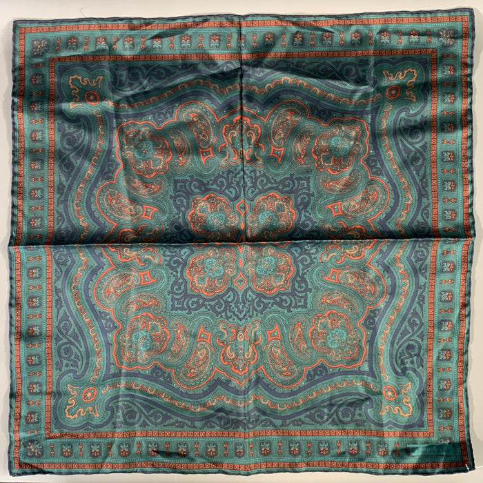 CHRISTIAN DIOR Green Burnt Orange Paisley Silk Pocket Square
