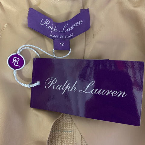RALPH LAUREN Size 12 Tan Linen Blend Tartan Peak Lapel Coat