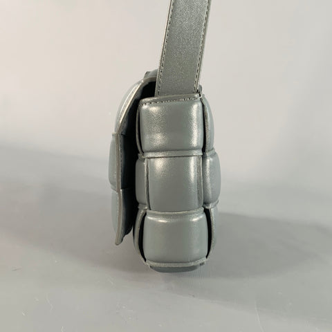 BOTTEGA VENETA Mini Padded Cassette Grey Woven Lambskin Leather Crossbody Handbag