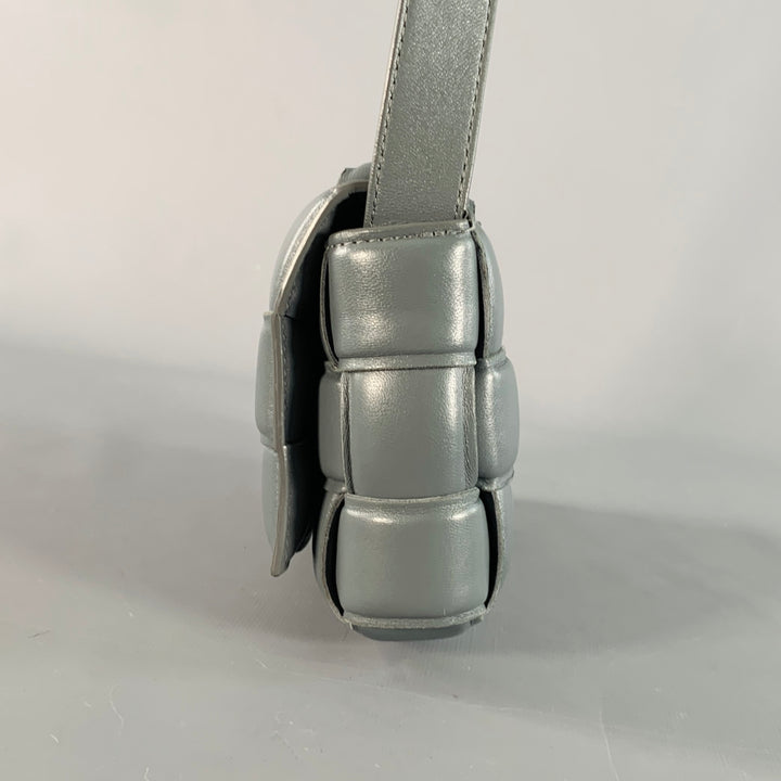 BOTTEGA VENETA Mini Padded Cassette Grey Woven Lambskin Leather Crossbody Handbag
