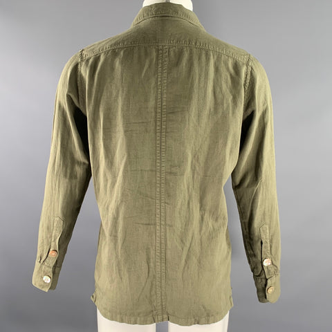 ELEVENTY Size S Green Olive Cotton Blend Camp Long Sleeve Shirt