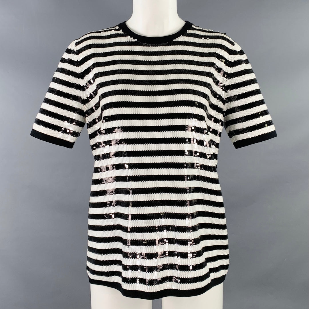 MICHAEL KORS COLLECTION Size S Black White Merino Wool Sequined Stripe T-Shirt