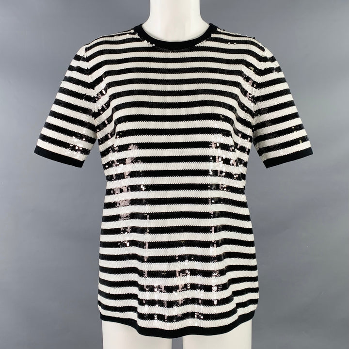 MICHAEL KORS COLLECTION Size S Black White Merino Wool Sequined Stripe T-Shirt