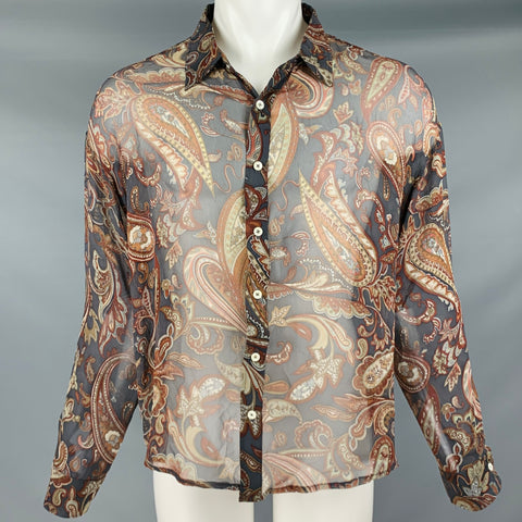NAHMIAS Talla M Camisa de manga larga con botones de seda paisley gris marrón