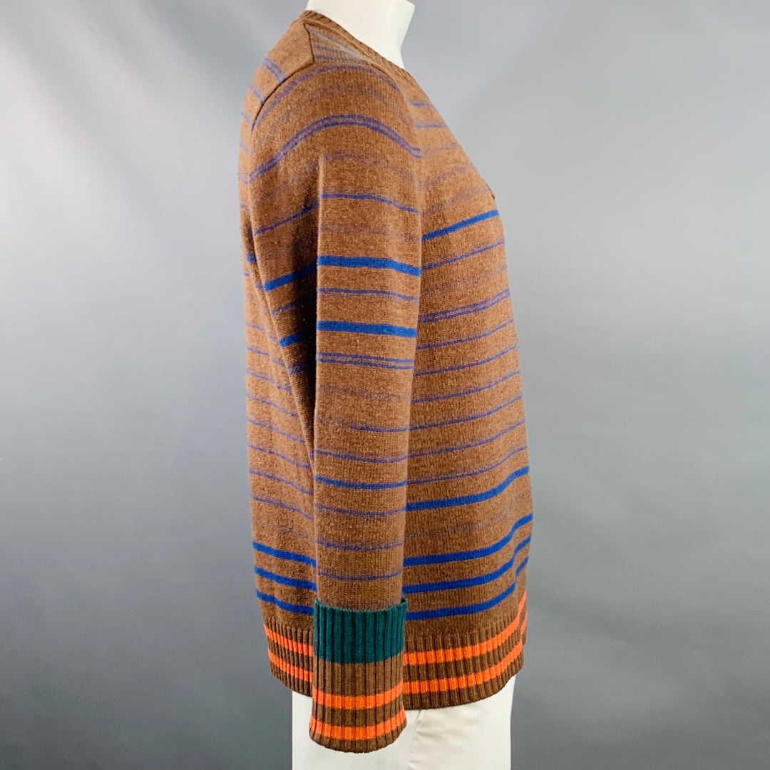 SACAI Size XL Brown Blue Orange Stripe Wool One Pocket Crew Neck Sweater