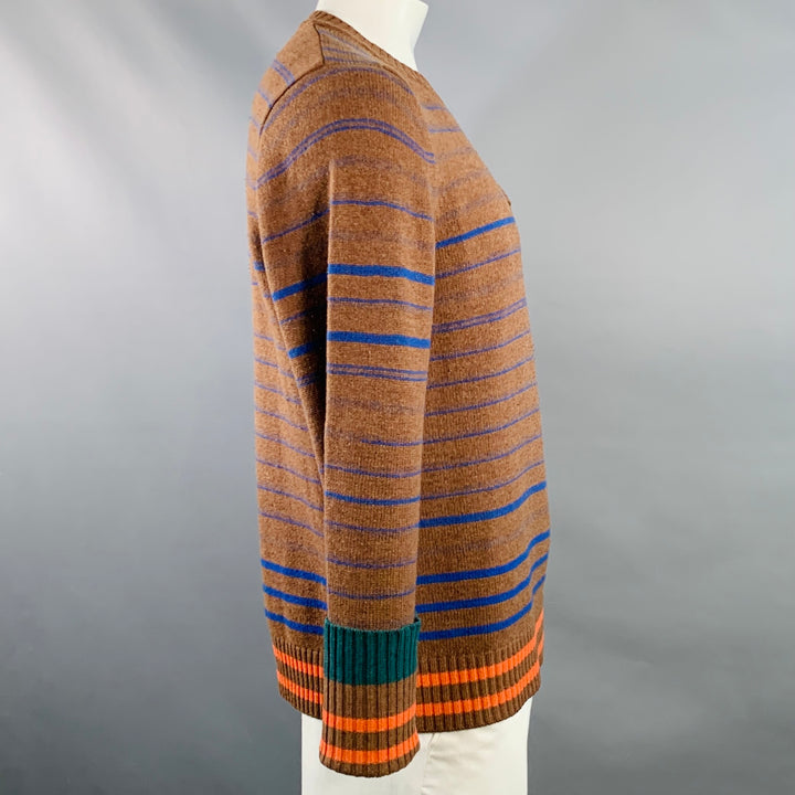 SACAI Size XL Brown Blue Orange Stripe Wool One Pocket Crew Neck Sweater