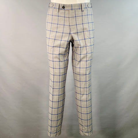 AUGUST MCGREGOR Size 38 Grey Blue Plaid Wool Notch Lapel Suit