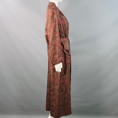 ETRO Size S Brown Burgundy Silk Paisley Shawl Collar Belted Robe Coat