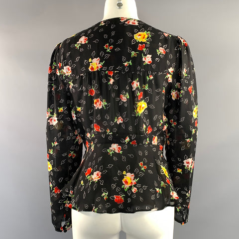VERONICA BEARD Size 8 Black Multi Color Silk Floral V Neck Casual Top