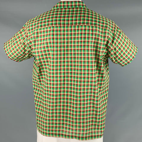 BODE Size L/XL Green Beige Red Checkered Cotton One Pocket Short Sleeve Shirt