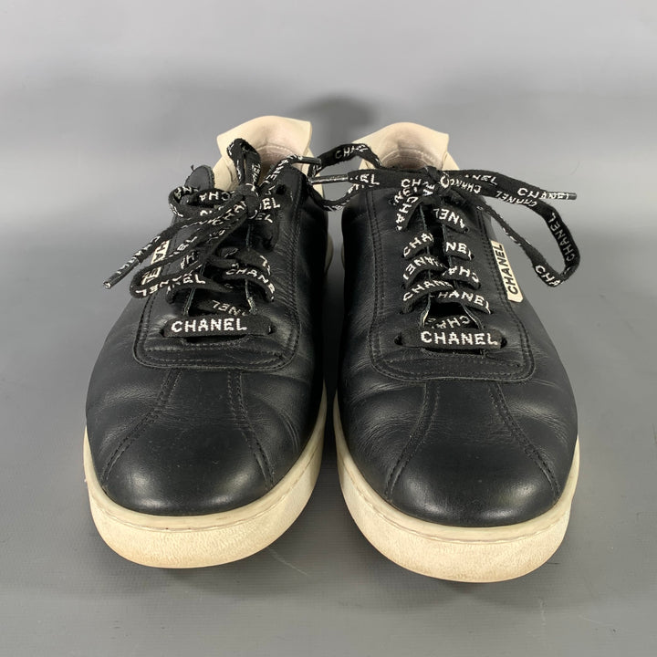 CHANEL Size 9 Black White Solid Leather Vulcanized sole Sneakers