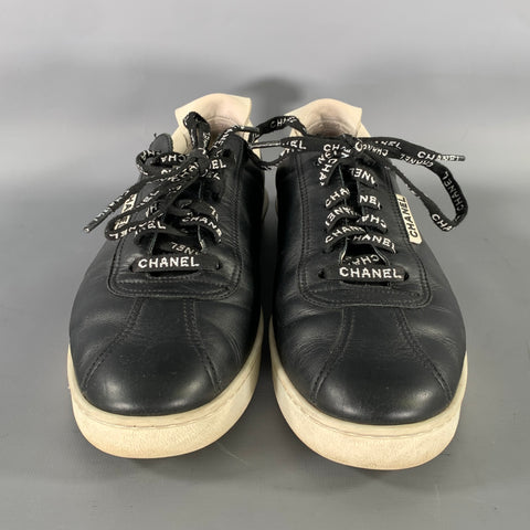 CHANEL Size 9 Black White Solid Leather Vulcanized sole Sneakers