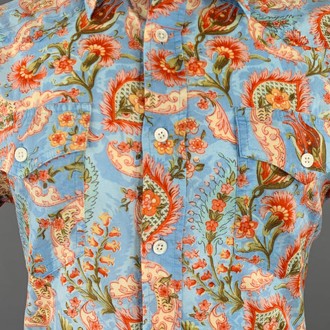 THEORY Size M Blue Multi Color Abstract Floral Paisley Cotton Short Sleeve Shirt