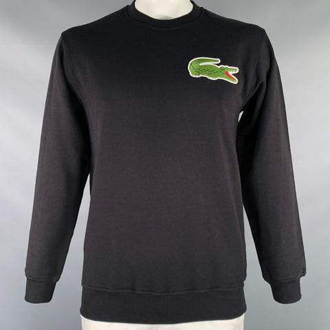 LACOSTE Size L Black Green Knit Cotton Logo Patch Sweater