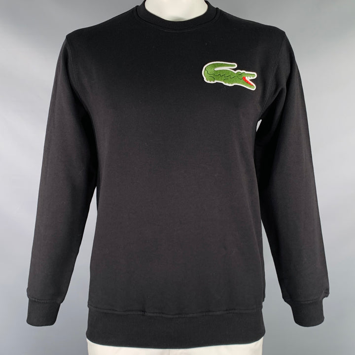 LACOSTE Size L Black Green Knit Cotton Logo Patch Sweater