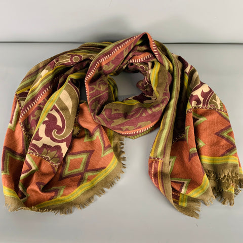 ETRO Green Brick Red Mixed Pattern Wool Blend Scarf