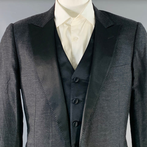 LANVIN Size 44 Regular Black Silk Cashmere Blend Peak Lapel Suit