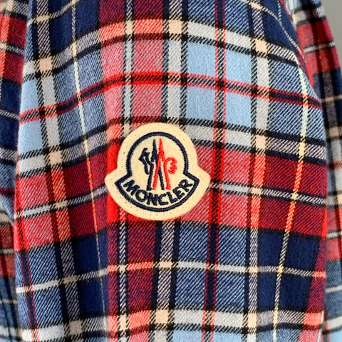 MONCLER Size M Blue Navy Red Plaid Cotton Button Down Collar Long Sleeve Shirt