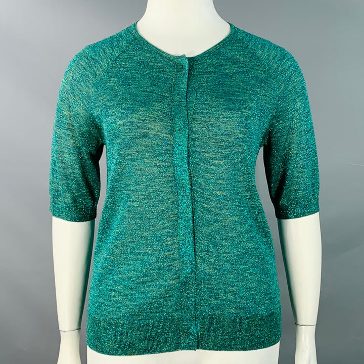 DRIES VAN NOTEN Size L Metallic Green Blue Rayon Blend 3/4 Sleeves Cardigan