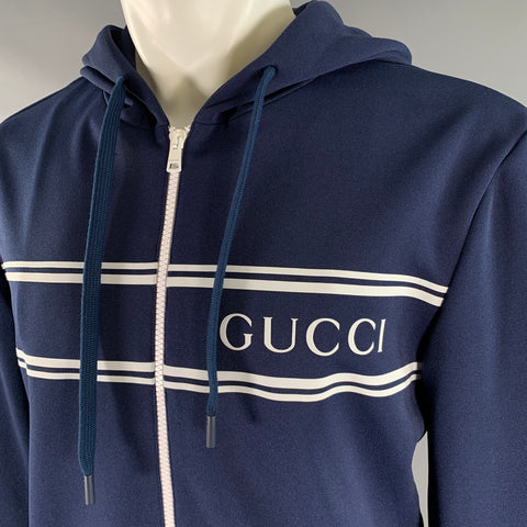 GUCCI Size M Navy White Logo Polyester Zip Up Hoodie Jacket