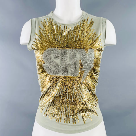 Top sans manches décontracté vintage en coton mélangé vert doré à sequins, taille S