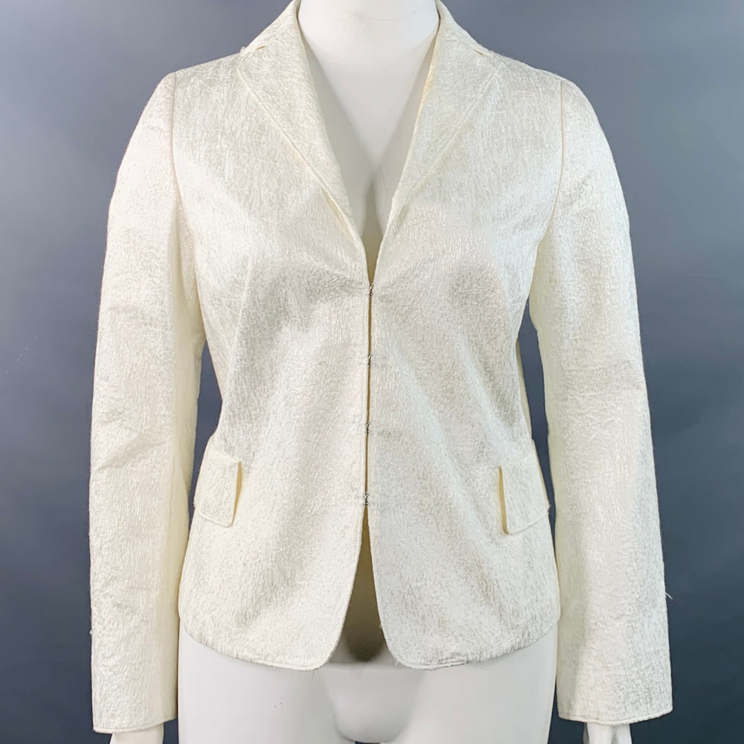 AKRIS Size 14 Cream Cotton Blend Scribble Stitch Hook Eye Jacket Blazer