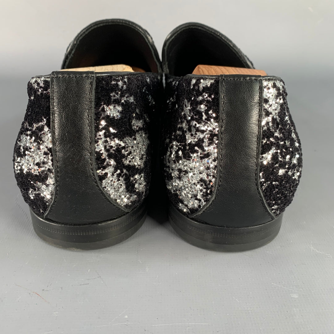 JIMMY CHOO Size 11 Velvet Glitter Devore Sloan Black Silver Slip On Loafers