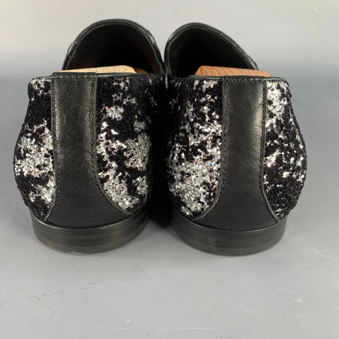 JIMMY CHOO Size 11 Velvet Glitter Devore Sloan Black Silver Slip On Loafers