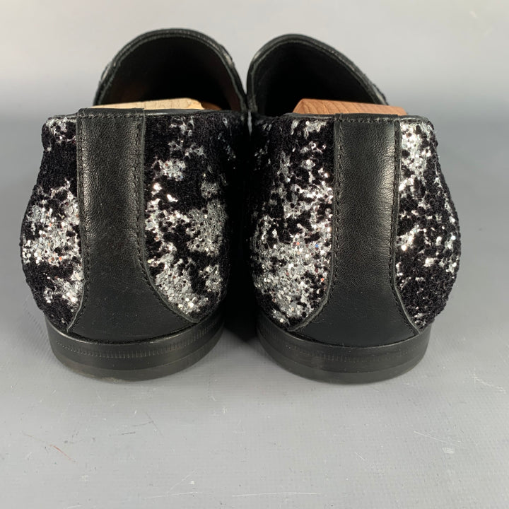 JIMMY CHOO Size 11 Velvet Glitter Devore Sloan Black Silver Slip On Loafers