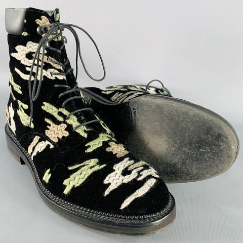 EMPORIO ARMANI Size 10 Black Green Grey Camouflage Embroidery Velvet Lace-Up Boots