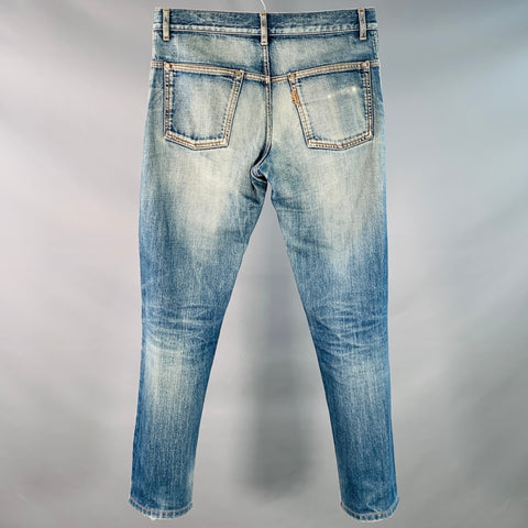 YVES SAINT LAURENT Size 32 Blue Distressed Cotton Slim Straight Button Fly Jeans