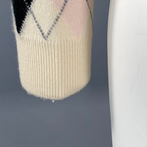 PRINGLE Taille S Crème Rose Noir Cachemire Cardigan Col V motif Argyle