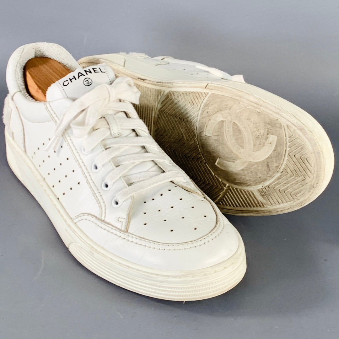 CHANEL Size 9 White Perforated Leather Logo Lace-Up Sneakers