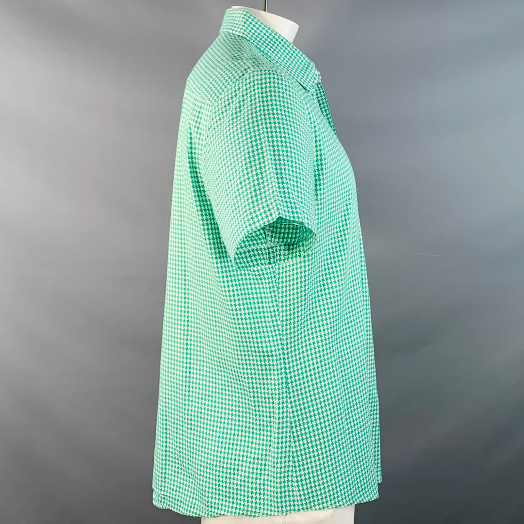 MR TURK Size L Green White Houndstooth Cotton One Pocket Short Sleeve Shirt