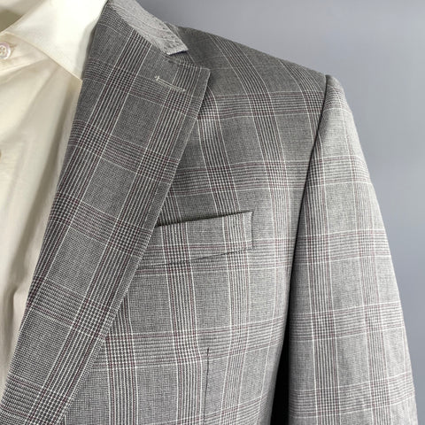 TED BAKER Grey Burgundy Plaid Wool Notch Lapel Sport Coat