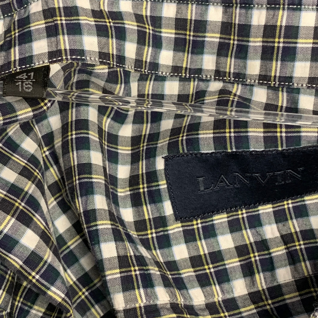 LANVIN Size M Navy Green White Plaid Cotton Contrast Collar Long Sleeve Shirt