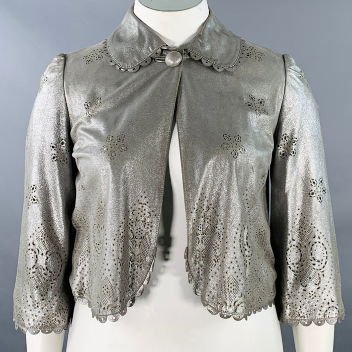 EMILIO PUCCI Size 10 Silver Perforated Leather Peter Pan Collar Single Button Jacket Blazer