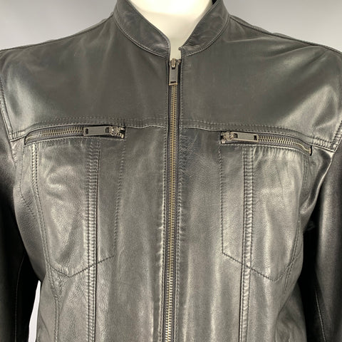 JOHN VARVATOS Taille XL Veste zippée sans col en cuir de mouton noir