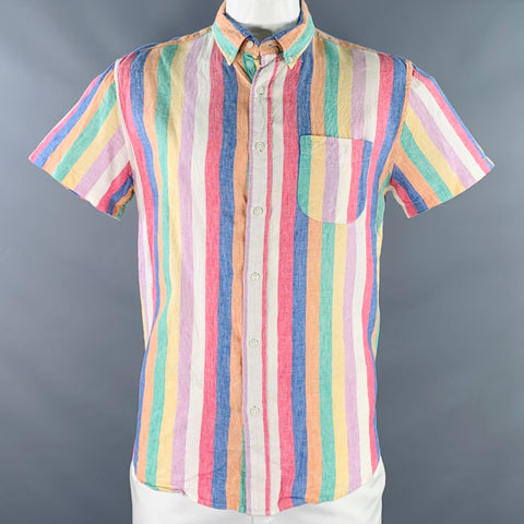 J.CREW Size L Multi Color Stripe Linen One Pocket Short Sleeve Shirt