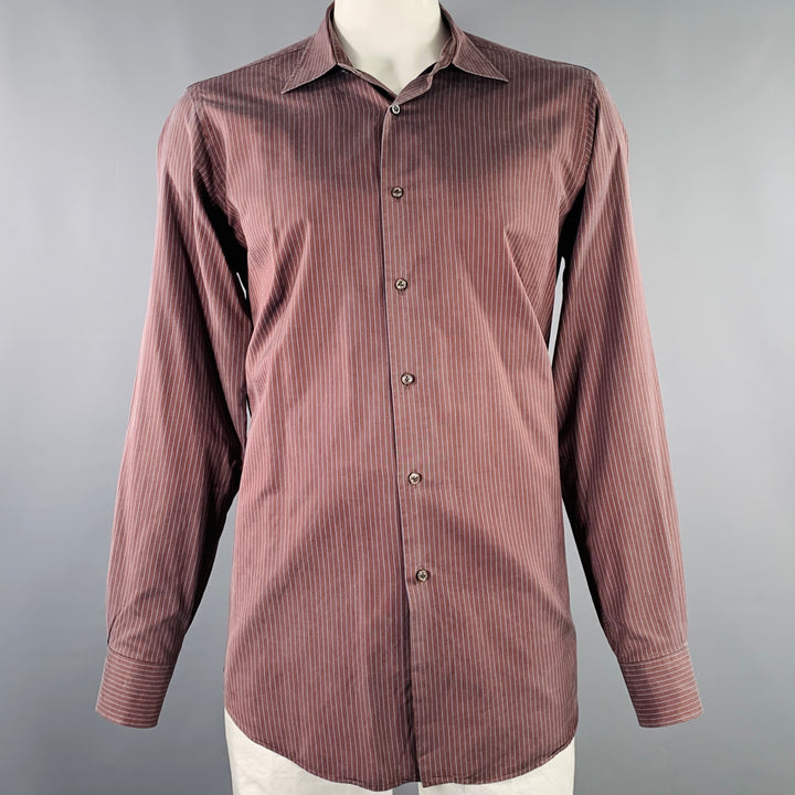 LUCIANO BARBERA Size L Burgundy Blue Stripe Cotton Silk Long Sleeve Shirt