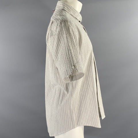 THOM BROWNE Size L White Grey Seersucker Stripe Cotton Club Collar Short Sleeve Shirt