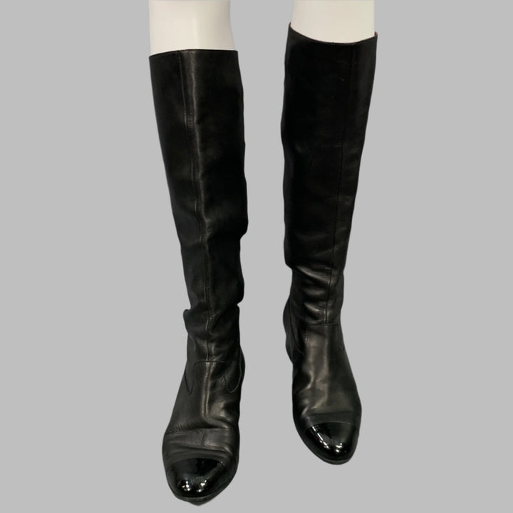 CHANEL Size 6.5 Black Leather Knee High Buckles Boots