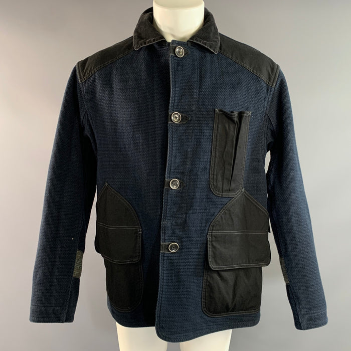 KAPITAL Chest Size 34 Navy Black Textured Cotton Pointed Collar Jacket